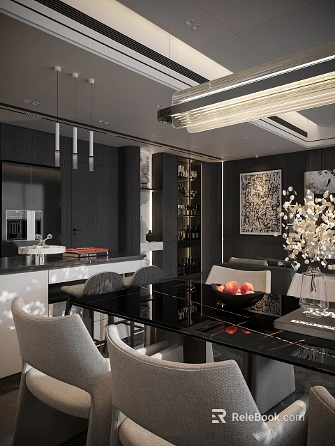Elegant Modern Dining Living Room With Black Table Grey Chairs And Flower Vase 3d model 