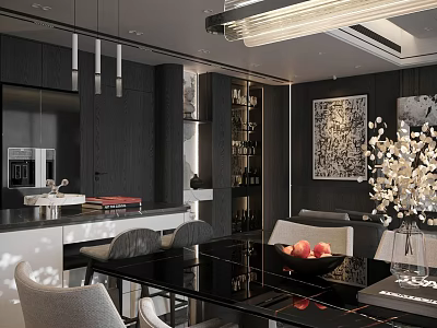 Elegant Modern Dining Living Room With Black Table Grey Chairs And Flower Vase 3d model