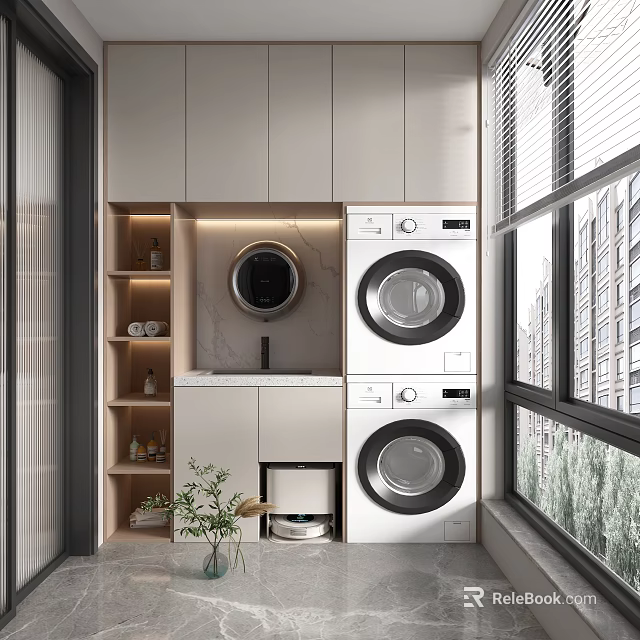 Modern Home Balcony Design With Washing Machine Dryer Storage Cabinets And Marble Countertop 3d model 