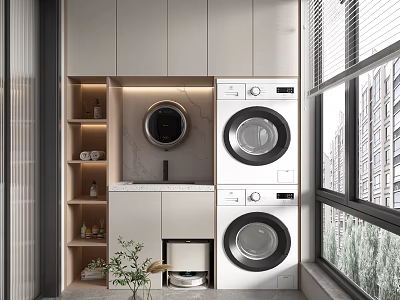 Modern Home Balcony Design With Washing Machine Dryer Storage Cabinets And Marble Countertop 3d model