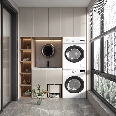 Modern Home Balcony Design With Washing Machine Dryer Storage Cabinets And Marble Countertop 3d model