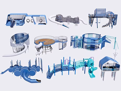 Blue Playground Equipment With Slides Climbing Structures And Rotating Platforms 3d model