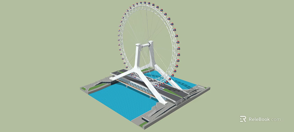 Ferris Wheel Structure Featuring White Support And Blue Water Base Design 3d model 