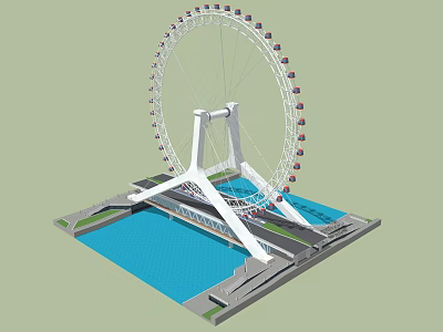 Ferris Wheel Structure Featuring White Support And Blue Water Base Design 3d model