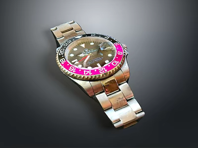 Stylish Metal Strap Watch With Black Dial And Pink Red Bezel Design 3d model