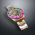 Stylish Metal Strap Watch With Black Dial And Pink Red Bezel Design