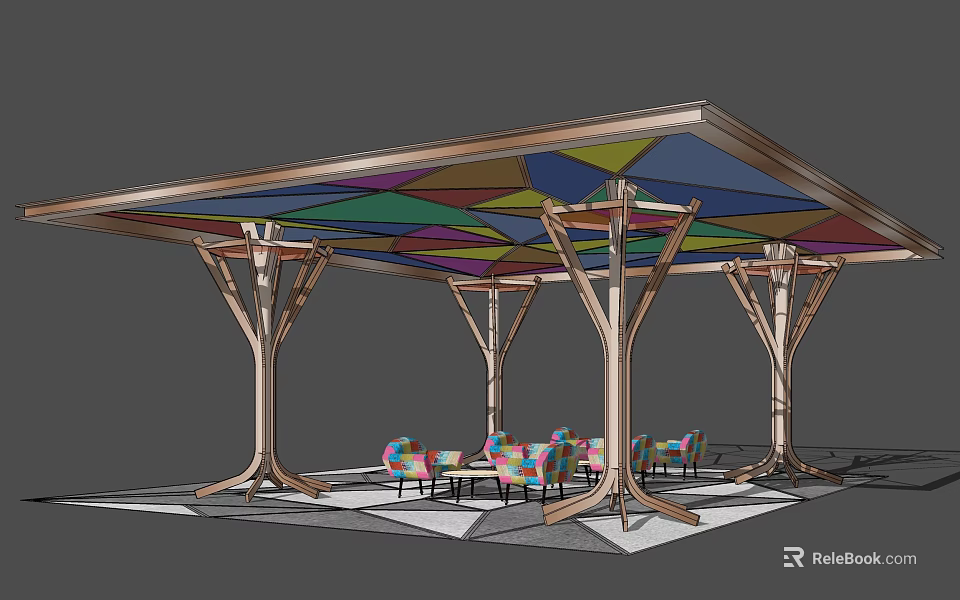 Colorful Geometric Roof Pergola with Tree like Wooden Pillars and Colorful Chairs 3d model 