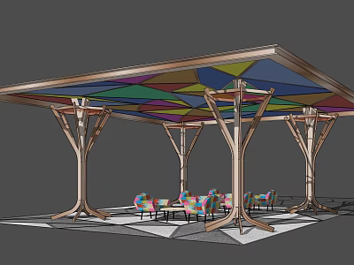 Colorful Geometric Roof Pergola with Tree like Wooden Pillars and Colorful Chairs 3d model