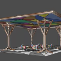 Colorful Geometric Roof Pergola with Tree like Wooden Pillars and Colorful Chairs