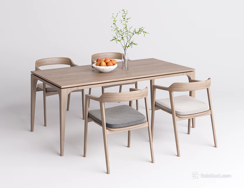 Minimalist Wooden Dining Table Set With Four Chairs Fruit Bowl And Green Plant 3d model 