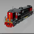 Red and Gray TEM Train Model With Yellow Stripe Wheels On Reflective Surface 3d model