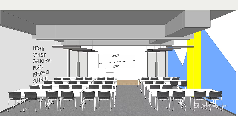 Modern Meeting Room Interior With Whiteboard Tables And Ceiling Lighting 3d model 