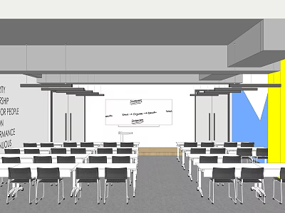 Modern Meeting Room Interior With Whiteboard Tables And Ceiling Lighting 3d model