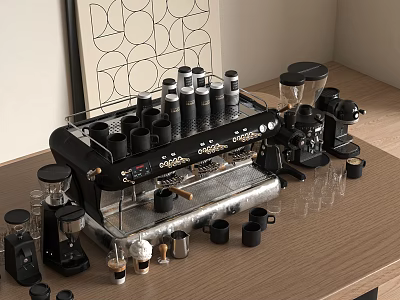Stylish Modern Kitchen Interior With Espresso Machine Coffee Accessories And Appliances 3d model