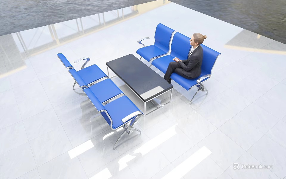 Blue Public Chairs In Modern Lobby Area With Woman Sitting And Coffee Table 3d model 