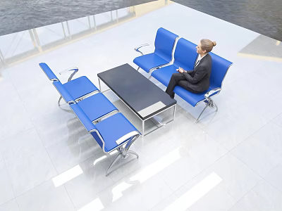 Blue Public Chairs In Modern Lobby Area With Woman Sitting And Coffee Table 3d model