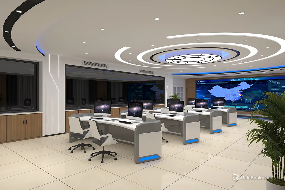 Modern Control Room Interior With Multiple Workstations Control Consoles And Computer Monitors 3d model 