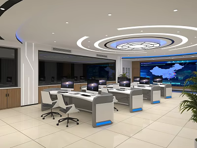 Modern Control Room Interior With Multiple Workstations Control Consoles And Computer Monitors 3d model
