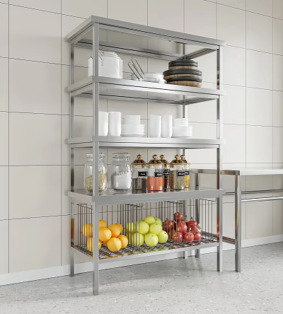 Modern Stainless Steel Bathroom Cabinet Rack with Open Shelves and Storage Basket for Bathroom Essentials 3d model