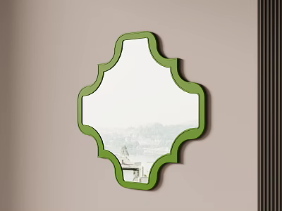 Elegant Green Frame Decorative Mirror Mounted On Wall Reflecting Natural Scenic View 3d model