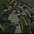 Aerial Village Landscape With Black Roofed Houses Green Grass Winding Paths Stream and Distant Tower