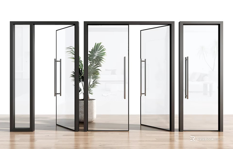 Open Black Frame Glass Doors With Green Plant And Wooden Floor In White Space 3d model 