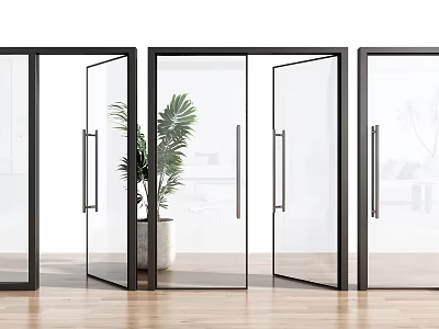 Open Black Frame Glass Doors With Green Plant And Wooden Floor In White Space 3d model