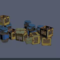 Vintage Wooden Boxes and Metal Jars in Yellow and Blue Colors Stacked Together