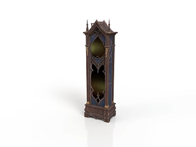 Gothic Style Dark Colored Display Cabinet With Pointed Top Glass Panes And Carved Base 3d model