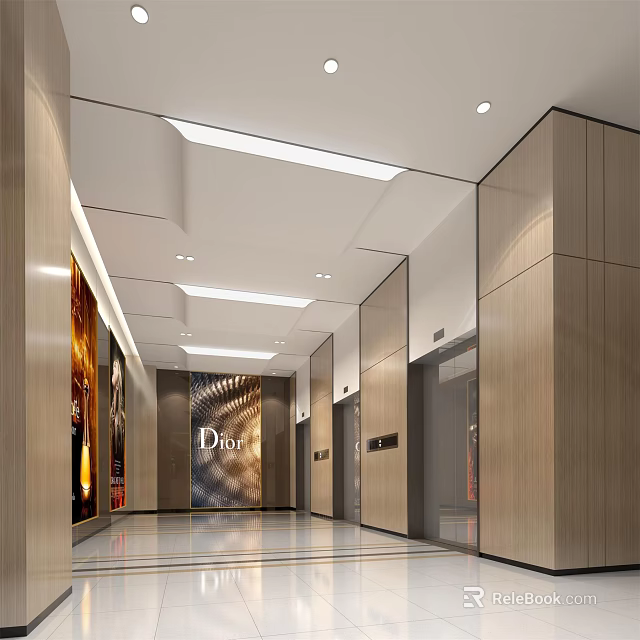 Modern Elevator Lobby Interior Design With Wooden Walls Ceiling Lights And Dior Signage 3d model 