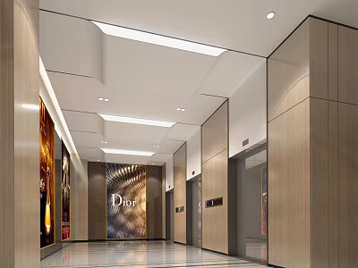 Modern Elevator Lobby Interior Design With Wooden Walls Ceiling Lights And Dior Signage 3d model