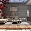 Garden Landscape Design With Glass Skylight Gray Brick Walls Red Maple Tree And Wooden Flooring