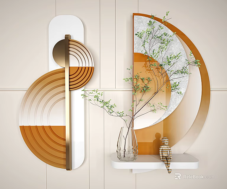 Geometric Wall Decor with Gold Orange White Design Marble Texture Vase Green Branches on Shelf 3d model 