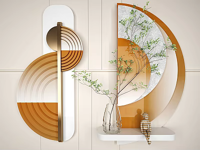 Geometric Wall Decor with Gold Orange White Design Marble Texture Vase Green Branches on Shelf 3d model