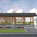 Traditional Chinese Pergola Featuring Wooden Structure Black Tiled Roof Vertical Slat Railings and Stone Base