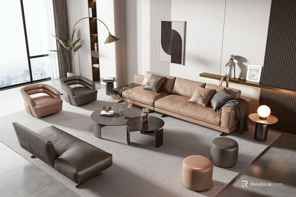 Modern Living Room Beige Leather Sofa Coffee Table Combination With Accent Chairs Ottomans And Rug 3d model 