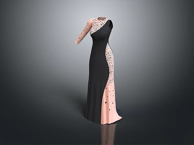 Elegant Black And Pink Long Evening Dress With Sequins And Sleeves Design 3d model