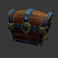 Wooden Treasure Chest With Blue Decorative Bands Golden Metal Fittings And Central Gemstone