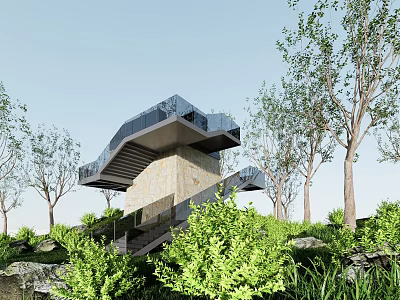 Modern Architectural Building With Glass Terrace Surrounded by Trees and Greenery Landscape 3d model