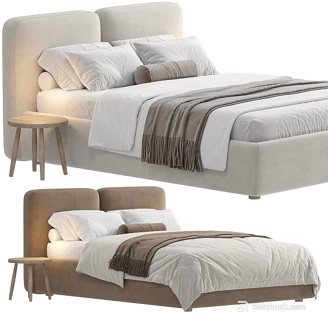 Cozy Background Double Bed With White Linen Sheets Brown Fringed Blanket And Wooden Side Stool 3d model 