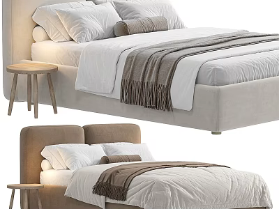 Cozy Background Double Bed With White Linen Sheets Brown Fringed Blanket And Wooden Side Stool 3d model