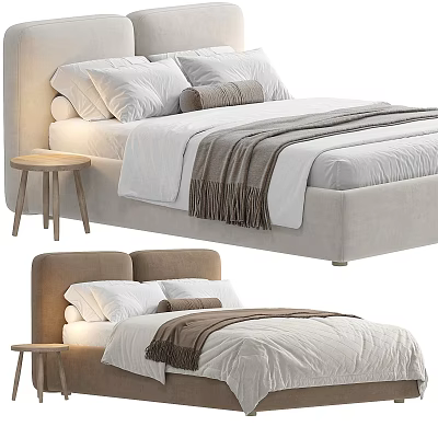 Cozy Background Double Bed With White Linen Sheets Brown Fringed Blanket And Wooden Side Stool 3d model