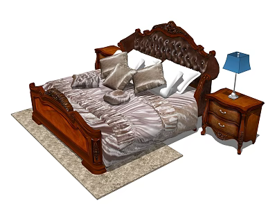 Wooden Double Bed With Carved Headboard Patterned Quilt Pillows Nightstand And Blue Table Lamp 3d model
