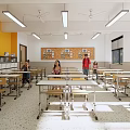 School Classroom With Students Teacher Desks Chairs Blue Screen Windows And Lockers