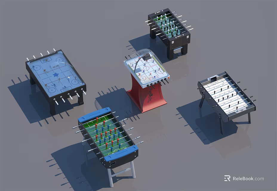 Recreational Play Equipment Including Foosball Tables And Air Hockey With Various Designs 3d model 