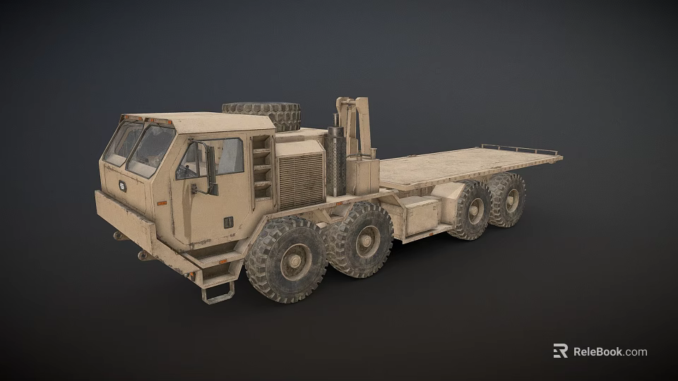 Khaki Military Truck With Large Tires Flatbed Trailer And Spare Tire On Roof 3d model 