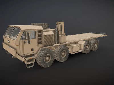 Khaki Military Truck With Large Tires Flatbed Trailer And Spare Tire On Roof 3d model