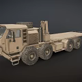 Khaki Military Truck With Large Tires Flatbed Trailer And Spare Tire On Roof