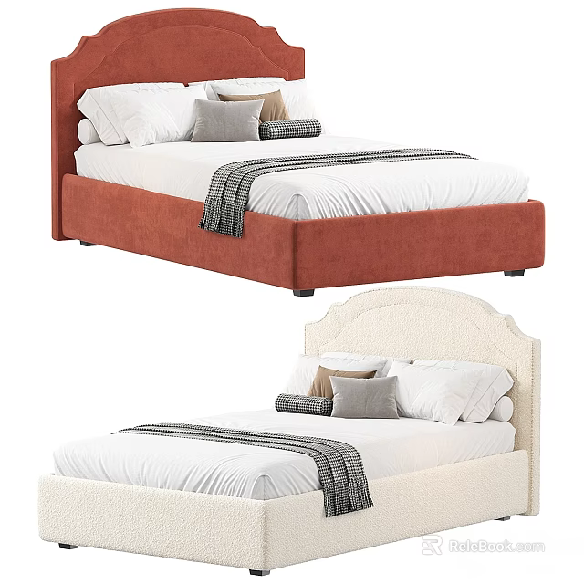 Upholstered Kids Bed in Orange and Cream with Soft Pillows and Blanket 3d model 