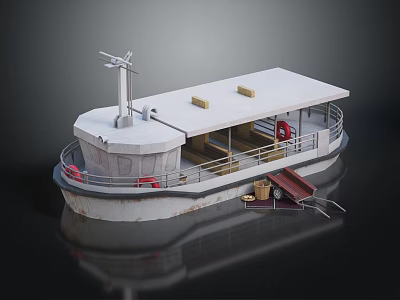 3D Rendered Ship With Roof Life Rings And Ramp 3d model